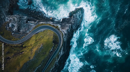 An overhead view of a winding coastal road with steep cliffs and crashing waves