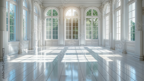 Sun streams through arched windows onto a marble floor in the grand, columned hall of an old Italian mosque