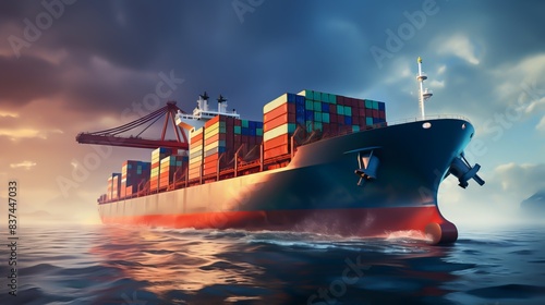 Cargo ship at sea during dramatic sunset, loaded with multicolored shipping containers. Industrial maritime and global trade concept.