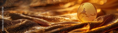 Golden bitcoin lying on luxurious golden fabric background, reflecting light. Concept of cryptocurrency, wealth, and digital currency revolution.