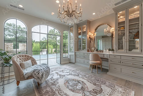 Glamorous fancy female dressing room in beige colors with a large mirrored vanity, a chandelier, a plush area rug, built-in wardrobes with glass doors, a comfortable armchair, a full-length mirror