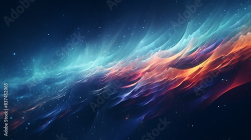 Vibrant abstract colorful waves with a cosmic feel, blending blues, purples, and oranges in a serene night sky scene.