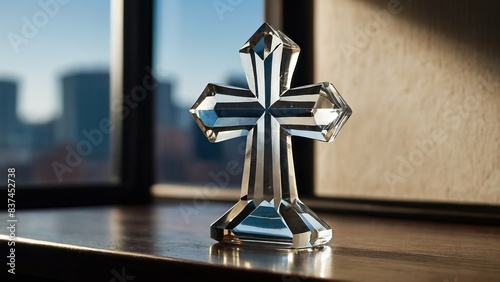 Crystal Christian cross paperweight on a desk catching sunlight, evoking serenity and faith