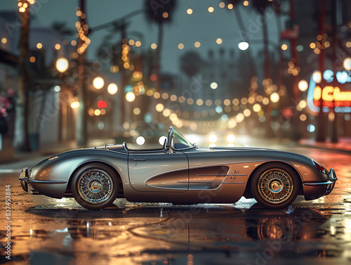 A silver Corvettes. The car is shiny and reflective, giving it a sleek and modern appearance. 