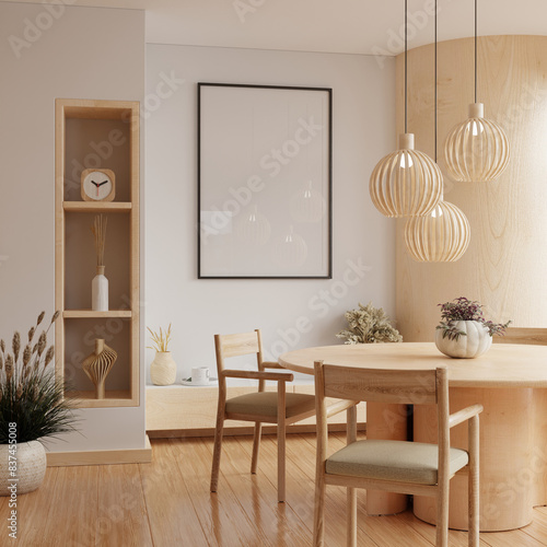 Mockup poster frame in dining room interior and accessories with white wooden slatted wall background- 3D rendering