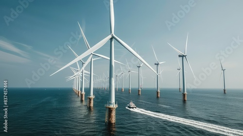  wind farm during a clear day, with a distant view of turbines lined up and a small boat passing by, emphasizing the scale.