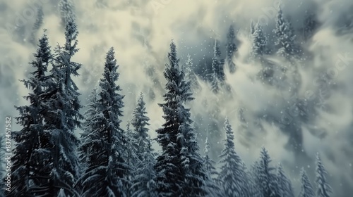 A cinematic winter scene, shot from a low angle, showing a forest of tall, snow-covered trees with a backdrop of blurry, swirling snow, evoking a sense of calm and isolation.