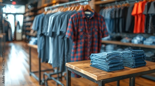 A beautifully arranged modern retail clothing store showcasing neatly folded denim jeans on a wooden table with hanging shirts in the background