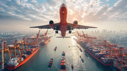 A large commercial airplane flying low above a bustling container port with numerous cargo ships, cranes, and containers, against a backdrop of a vibrant city skyline at sunrise