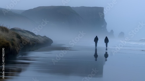 A serene early morning scene showcasing two individuals walking along a misty beach with towering cliffs in the background, reflecting tranquility and solitude