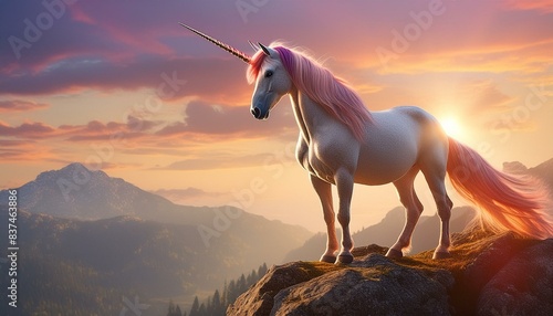 Create an 8K image of a majestic unicorn gracefully standing on a rugged rock, with an artistic and glamorous style. The image should be highly stylized and in high definition