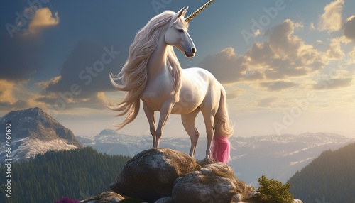 Design an 8K high-definition image of a unicorn majestically posed on a rock, with an artistic and glamorous style. The image should be highly stylized and visually captivating."