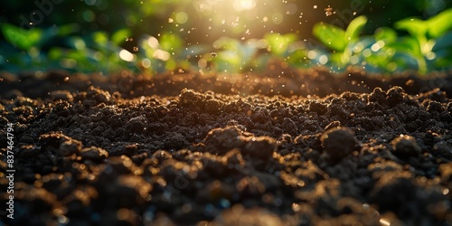 Close-up of rich, fertile soil with emerging green seedlings bathed in warm sunlight, showcasing the promise and potential of new agricultural growth