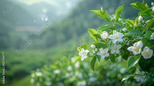Springtime Serenity: Jasmine Branch in Full Bloom. Close-up of a jasmine branch as it bursts into bloom, with delicate white flowers against a lush green backdrop, symbolizing spring and renewal.
