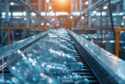 Recycling facility conveyor system filled with various plastic bottles, highlighted by golden sunlight.