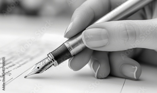 Close-up of a hand writing with a fountain pen. Black and white image showcasing detailed penmanship and elegant handwriting.