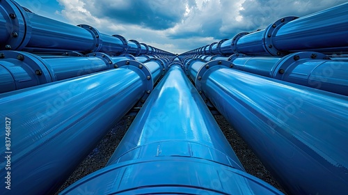 Close-up of blue industrial pipelines under a cloudy sky, showcasing energy infrastructure and transportation systems.