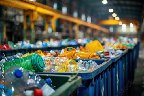 Rows of bins filled with various recycled plastics in a large recycling facility, showcasing the sorting and storage process.