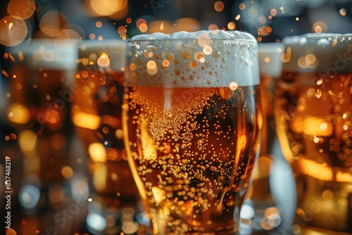 Close-up of refreshing beer glasses with frothy heads and bokeh lights in the background, perfect for bar, pub, or celebration themes.