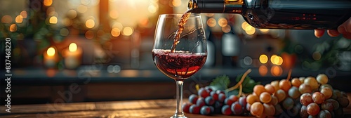 Close-up of red wine being poured into a glass with a background of grapes, creating a warm and inviting atmosphere.