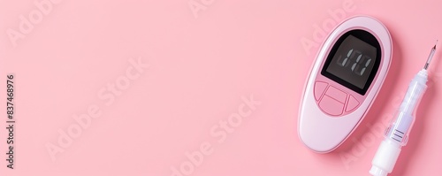 Modern portable blood glucose meter and lancet device on pastel pink background. Diabetic healthcare device for health and wellness.