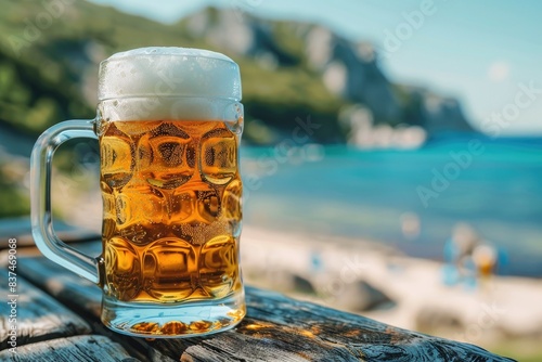 Refreshing beer stein with frothy foam on wooden table by the beach, with scenic blue ocean and mountains in the background.