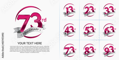 anniversary logotype set vector, red color and silver ribbon for special day celebration