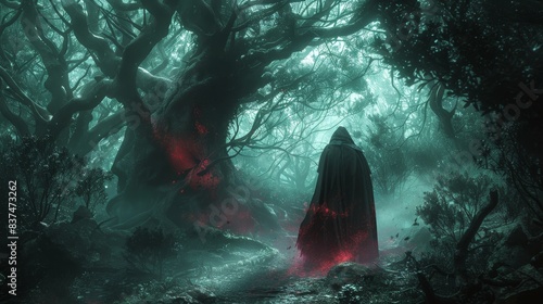 Enigmatic sorcerer conjuring red mists, cloaked in shadow, amidst ancient, twisted trees in a dark forest