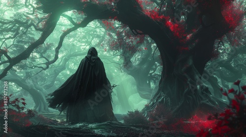 Enigmatic sorcerer conjuring red mists, cloaked in shadow, amidst ancient, twisted trees in a dark forest