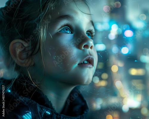 Extraordinary child with telekinetic powers in a modern cityscape, dynamic lighting, futuristic style