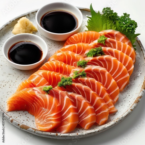 a sumptuous delicacy that presents itself in an aesthetically pleasing manner, a plate of fresh raw salmon sashimi