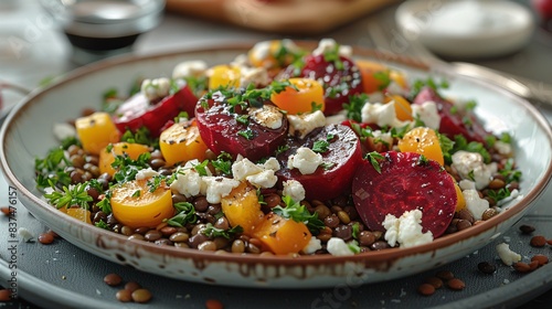 A warm lentil salad with roasted beets, goat cheese, and a balsamic dressing, highly detailed for commercial usage
