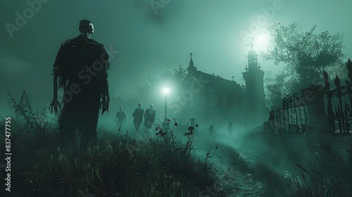 Dark, foggy night with skeletons dancing in the shadows of an ancient, cursed cemetery, eerie lighting casting creepy silhouettes