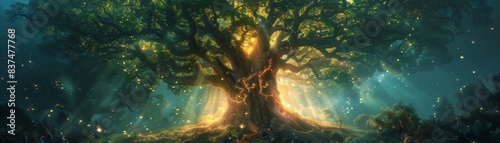 A gigantic magical tree in the heart of an ancient forest, its branches glowing with ethereal light, surrounded by mystical creatures preparing for the Enchanted Forest Countdown
