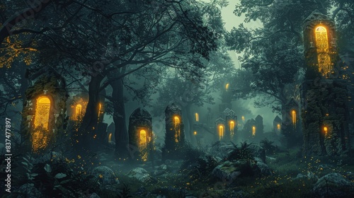 Ancient forest filled with trees bearing runic inscriptions, each glowing with a mystical aura, casting eerie light through the woods