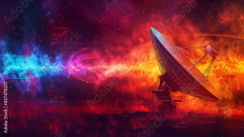 Composite image of radio waves emanating from a large satellite dish, set against a backdrop of the full electromagnetic spectrum and ample copy space