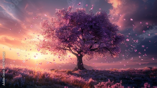 Majestic purple tree with delicate falling petals, highlighted by a vibrant sunset, petals scattering across a peaceful hill