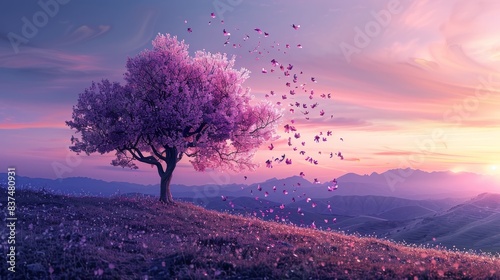 Majestic purple tree with falling petals, standing alone on a grassy hill under a twilight sky, petals scattering in the gentle breeze