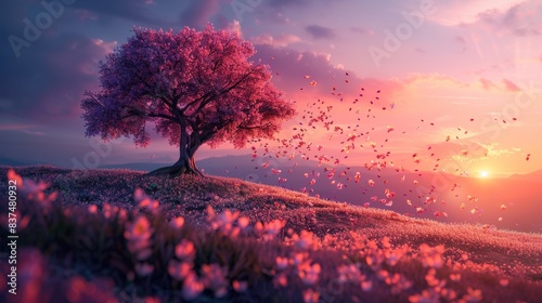 Majestic purple tree with delicate falling petals, highlighted by a vibrant sunset, petals scattering across a peaceful hill