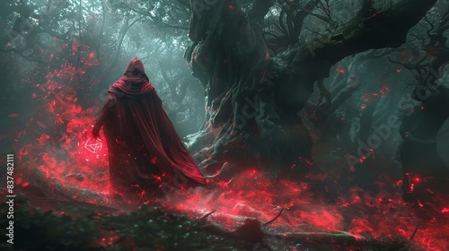 Mysterious sorcerer commanding red mists, arcane symbols glowing, in an ominous forest of gnarled, twisting trees