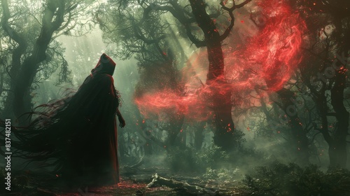 Mystic sorcerer wielding red mist, casting powerful spells, deep within a forest of twisted, eerie trees