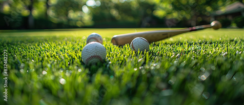 Golf balls and baseball bat on freshly mowed lawn, sharp and vibrant summer image