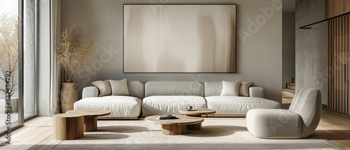 Large poster mockup in a modern minimalist living room, light gray tones, and light wood elements