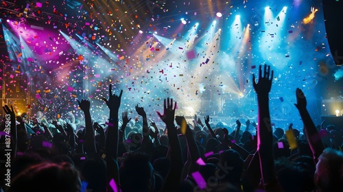 crowd at a concert music festival with stage lights and confetti