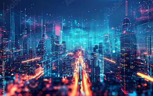 Panoramic urban architecture, cityscape with space and neon light effects. Modern hi-tech, science, futuristic technology concept. Very beautiful abstract digital high