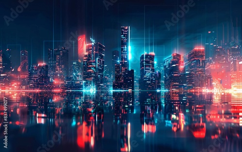 Panoramic urban architecture, cityscape with space and neon light effects. Modern hi-tech, science, futuristic technology concept. Very beautiful abstract digital high