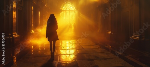 Silhouette of woman walking lonely on dark hallway. Stress unhappy mental health. Anxiety trauma depression. Generative AI technology.