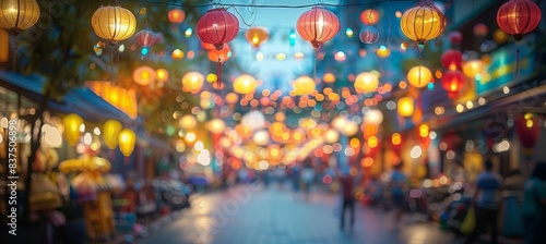 Night Chinese street food alley. Bokeh blurred background. Generative AI technology.