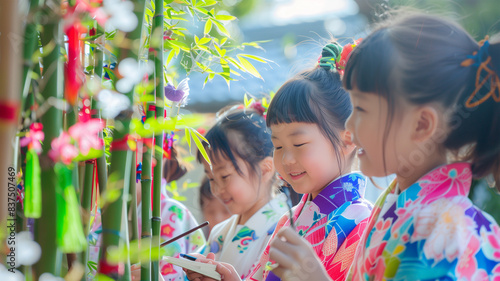 七夕祭りの浴衣を着た子供たちと短冊