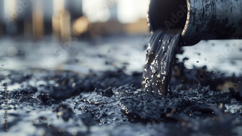 A close-up shot of water flowing out from an oil pipe, with black sludge pouring down onto the ground in front of it.